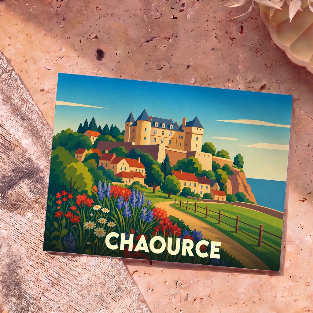 Carte postale souvenir de la ville de Chaource avec une illustration colorée et stylisée d'un château dominant un village.