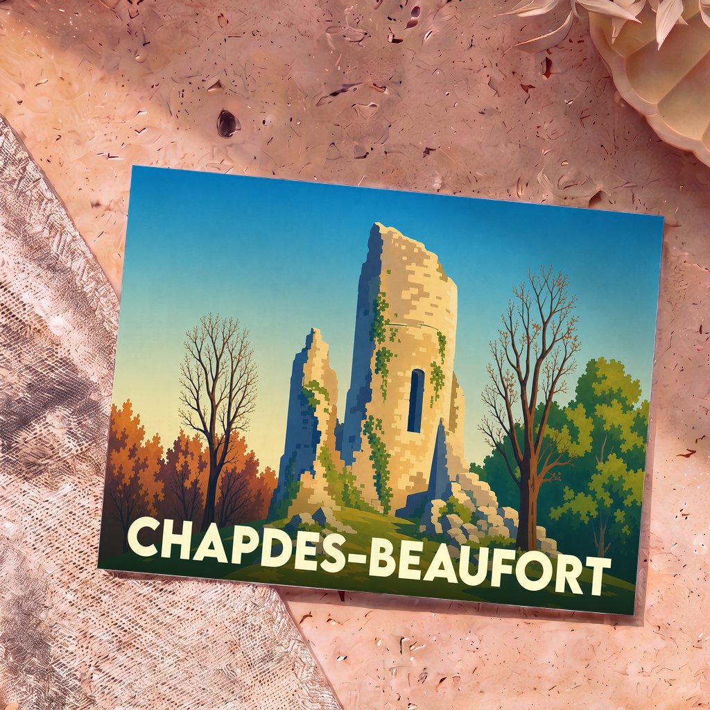 Carte postale souvenir de la ville de Chapdes-Beaufort illustrant les ruines d'une tour médiévale dans un style graphique épuré.