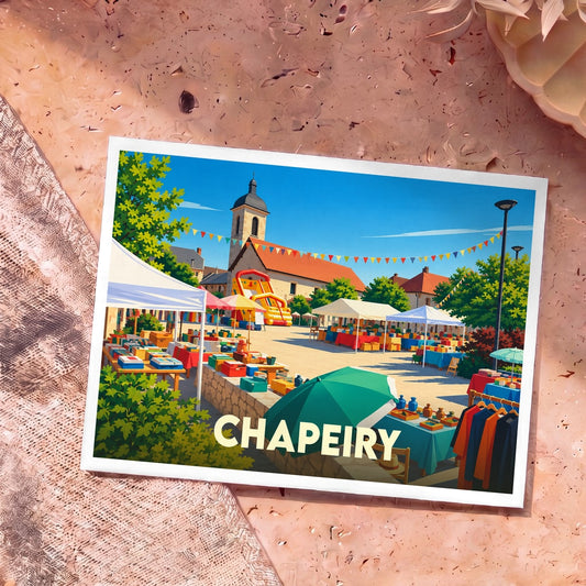 Carte postale souvenir de la ville de Chapeiry avec une illustration colorée d'un marché de village.