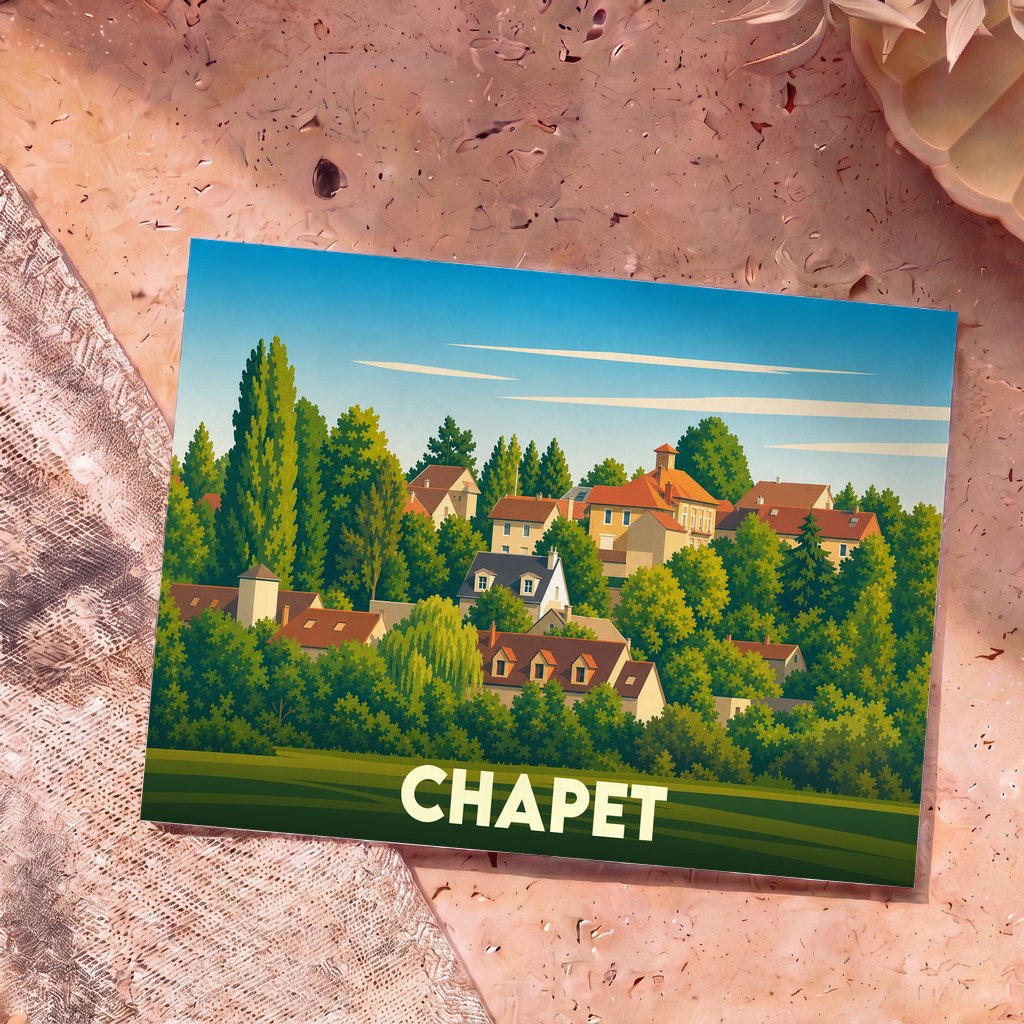 Carte postale souvenir de la ville de Chapet illustrant un paysage de village verdoyant au style épuré.