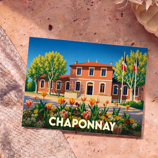 Carte postale souvenir de la ville de Chaponnay illustrant son hôtel de ville fleuri dans un style vintage.