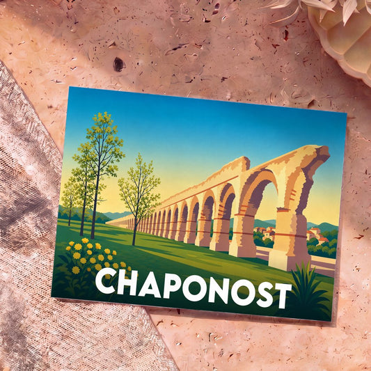 Carte postale souvenir de la ville de Chaponost illustrant les vestiges de l'aqueduc romain dans un style graphique épuré.