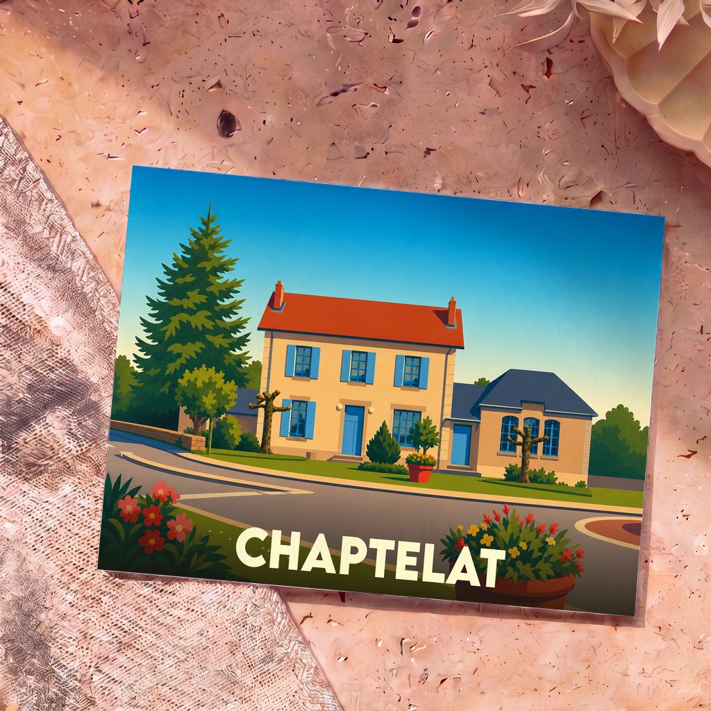 Carte postale souvenir de la ville de Chaptelat avec une illustration stylisée d'une maison traditionnelle.