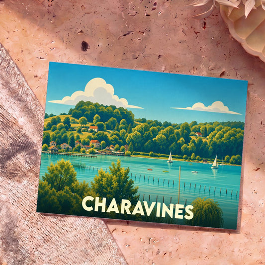 Carte postale souvenir de la ville de Charavines illustrant son lac et ses collines boisées dans un style graphique épuré.