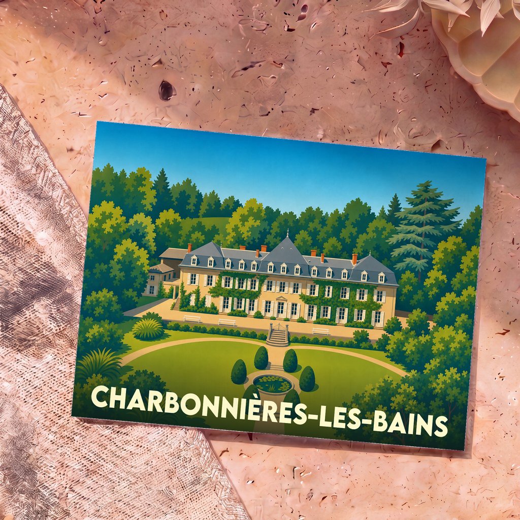 Carte postale souvenir de la ville de Charbonnières-les-Bains avec une illustration stylisée de son patrimoine.