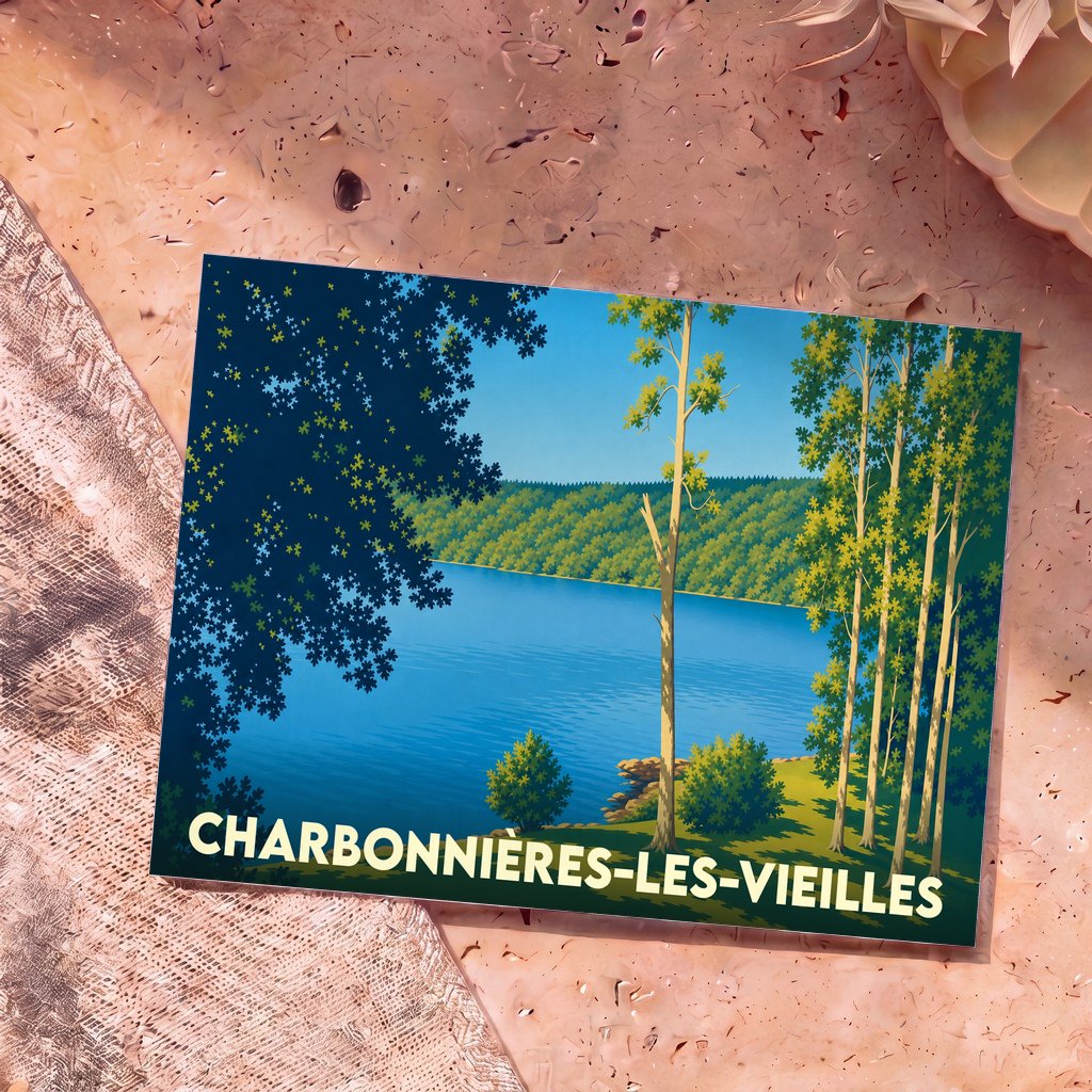Carte postale souvenir de Charbonnières-les-Vieilles avec une illustration stylisée d'un lac bordé de forêt.