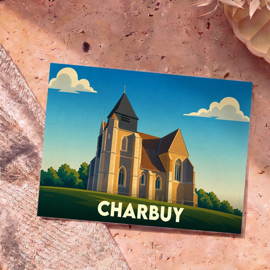 Carte postale souvenir de la ville de Charbuy avec une illustration stylisée de son église sous un ciel bleu.