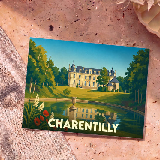 Carte postale souvenir de la ville de Charentilly avec une illustration stylisée de son château et de son parc.