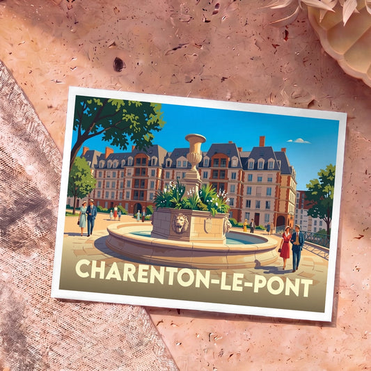 Carte postale souvenir de Charenton-le-Pont illustrant une place avec une fontaine sculptée et des bâtiments de style classique.