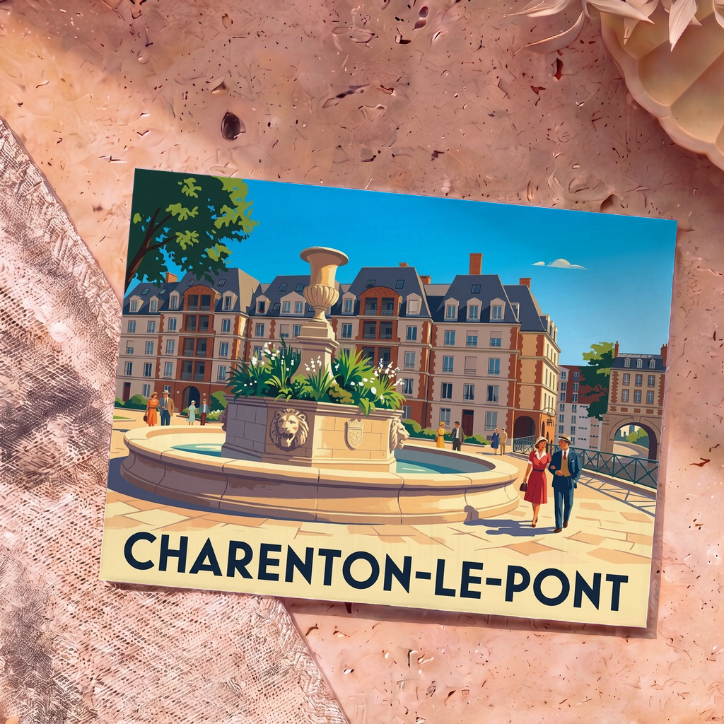 Carte postale souvenir de Charenton-le-Pont illustrant une place avec une fontaine sculptée et des bâtiments de style classique.