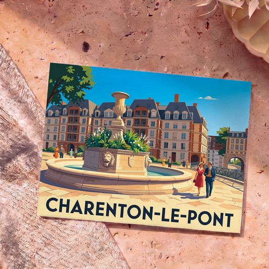 Carte postale souvenir de Charenton-le-Pont illustrant une place avec une fontaine sculptée et des bâtiments de style classique.