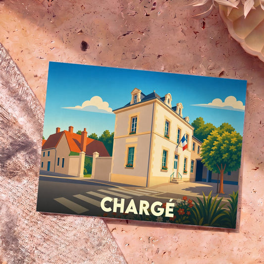 Carte postale souvenir de la ville de Chargé illustrant sa mairie dans un style graphique épuré.