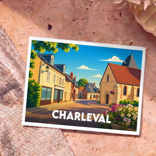 Carte postale souvenir de la ville de Charleval avec une illustration stylisée de ses rues et de son église.