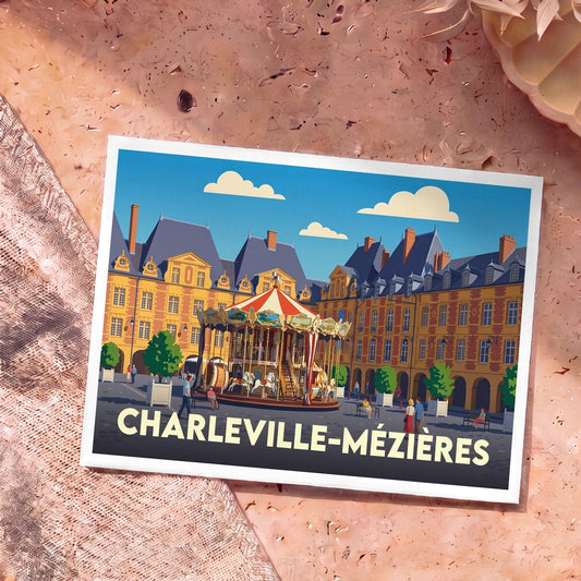 Carte postale souvenir de la ville de Charleville-Mézières illustrant le carrousel de la place Ducale.