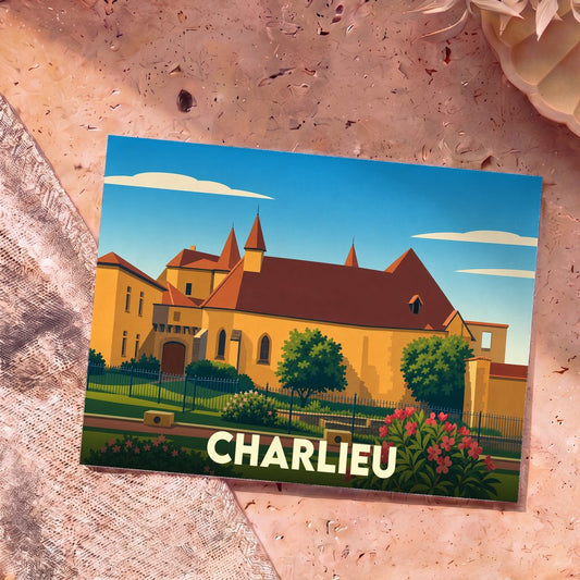 Carte postale souvenir de la ville de Charlieu avec une illustration stylisée de son abbaye.