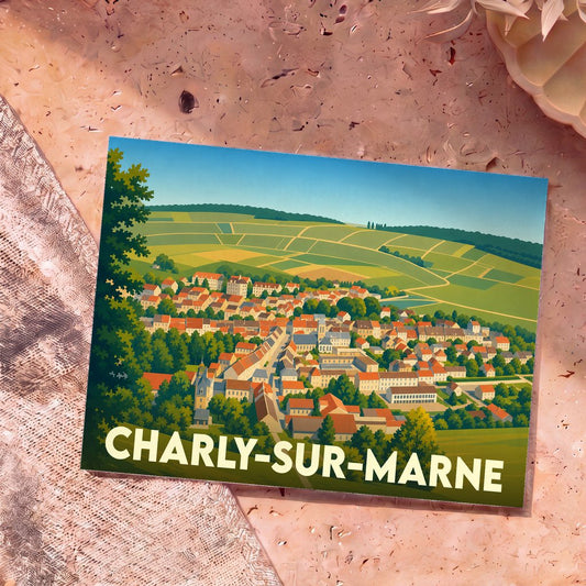Carte postale souvenir de Charly-sur-Marne avec une illustration stylisée du village entouré de vignobles.