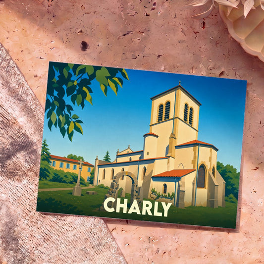 Carte postale souvenir de la ville de Charly illustrant son église dans un style graphique épuré.