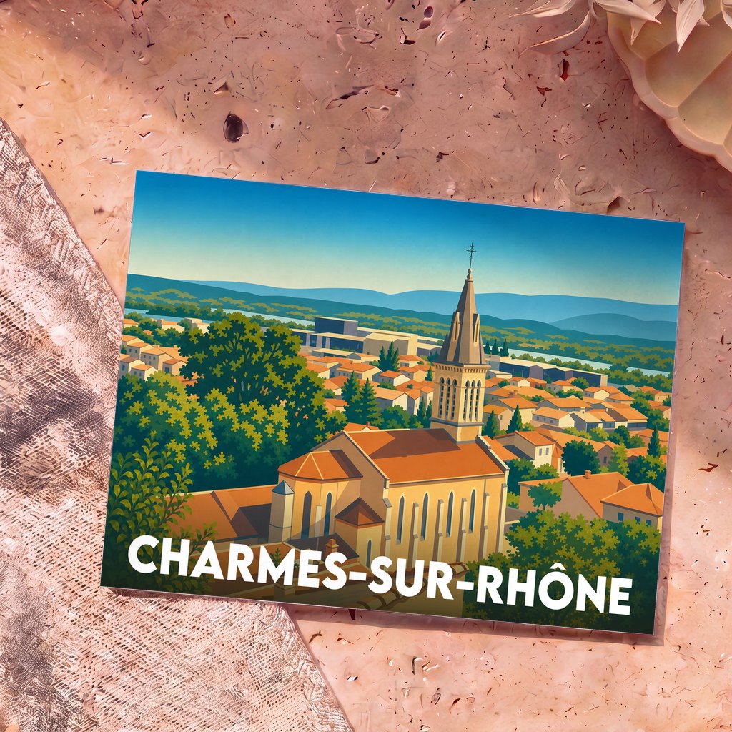 Carte postale souvenir de la ville de Charmes-sur-Rhône avec une illustration stylisée de son église et de ses toits.