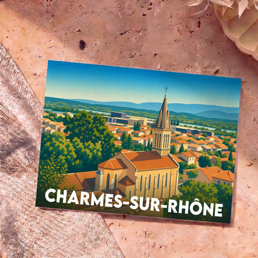 Carte postale souvenir de la ville de Charmes-sur-Rhône avec une illustration stylisée de son église et de ses toits.