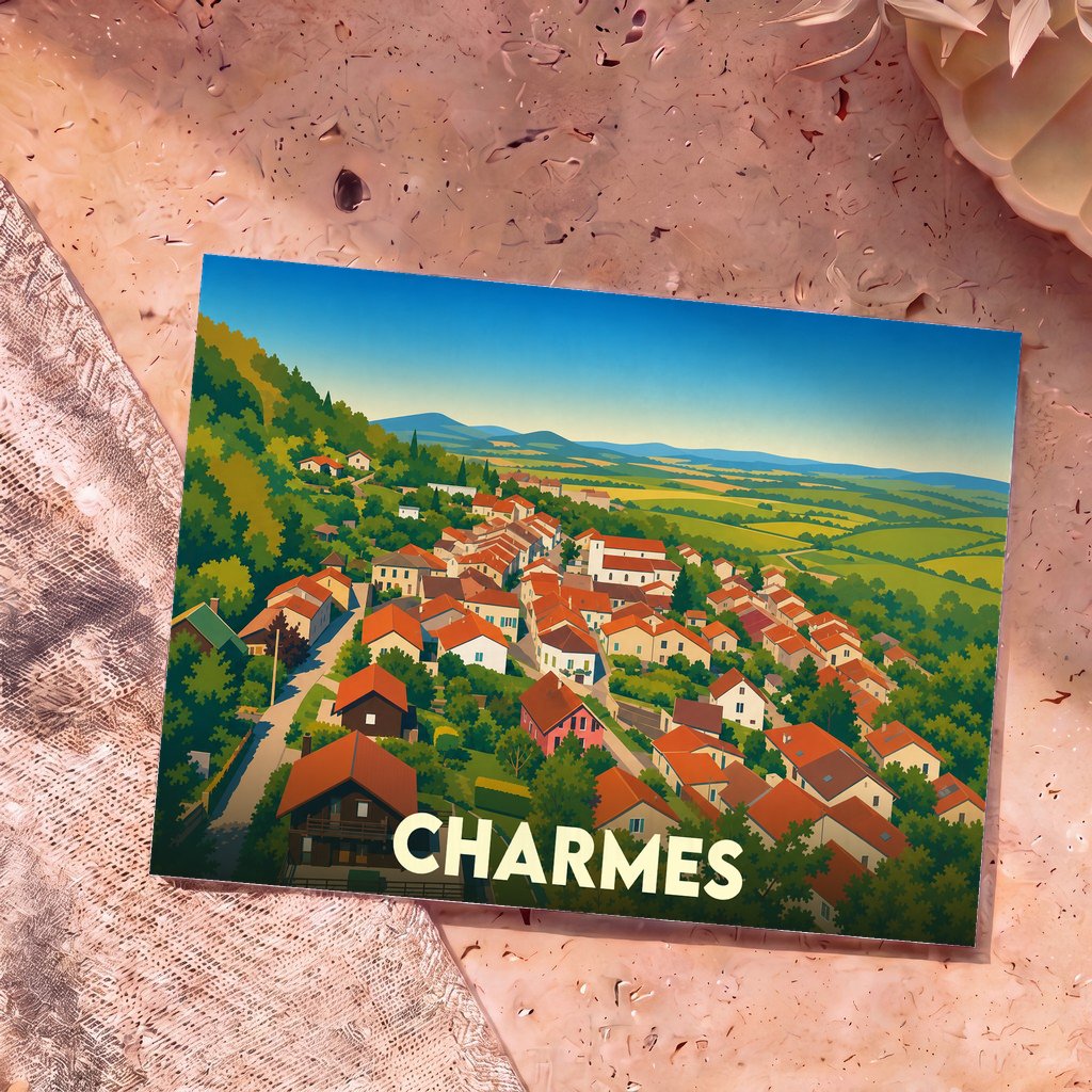 Carte postale souvenir de la ville de Charmes avec une illustration stylisée d'un village niché dans une vallée verdoyante.