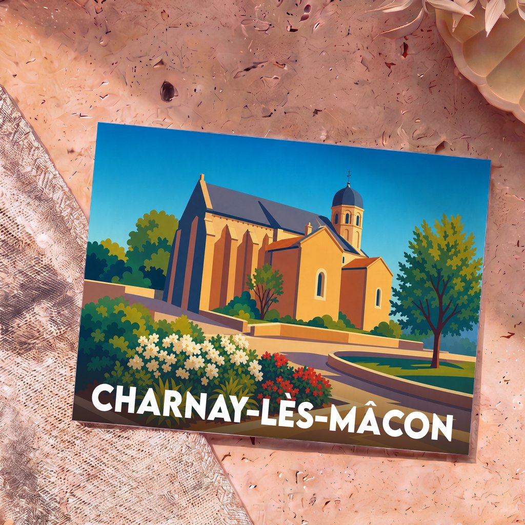 Carte postale souvenir de Charnay-lès-Mâcon représentant une église avec une illustration colorée et stylisée.
