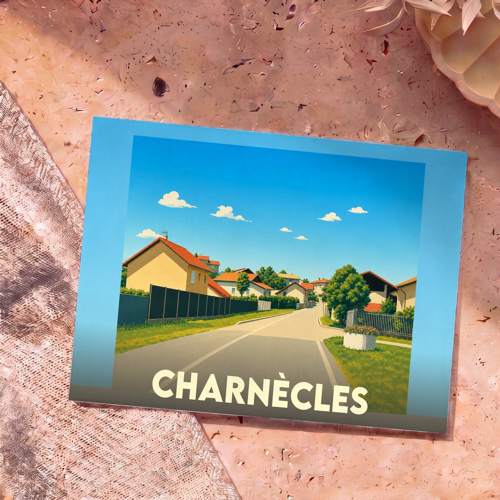 Carte postale souvenir de la ville de Charnècles illustrant une rue résidentielle paisible sous un ciel bleu.