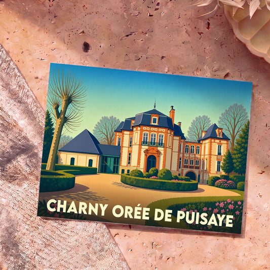 Carte postale souvenir de Charny Orée de Puisaye illustrant un château élégant dans un style graphique rétro.