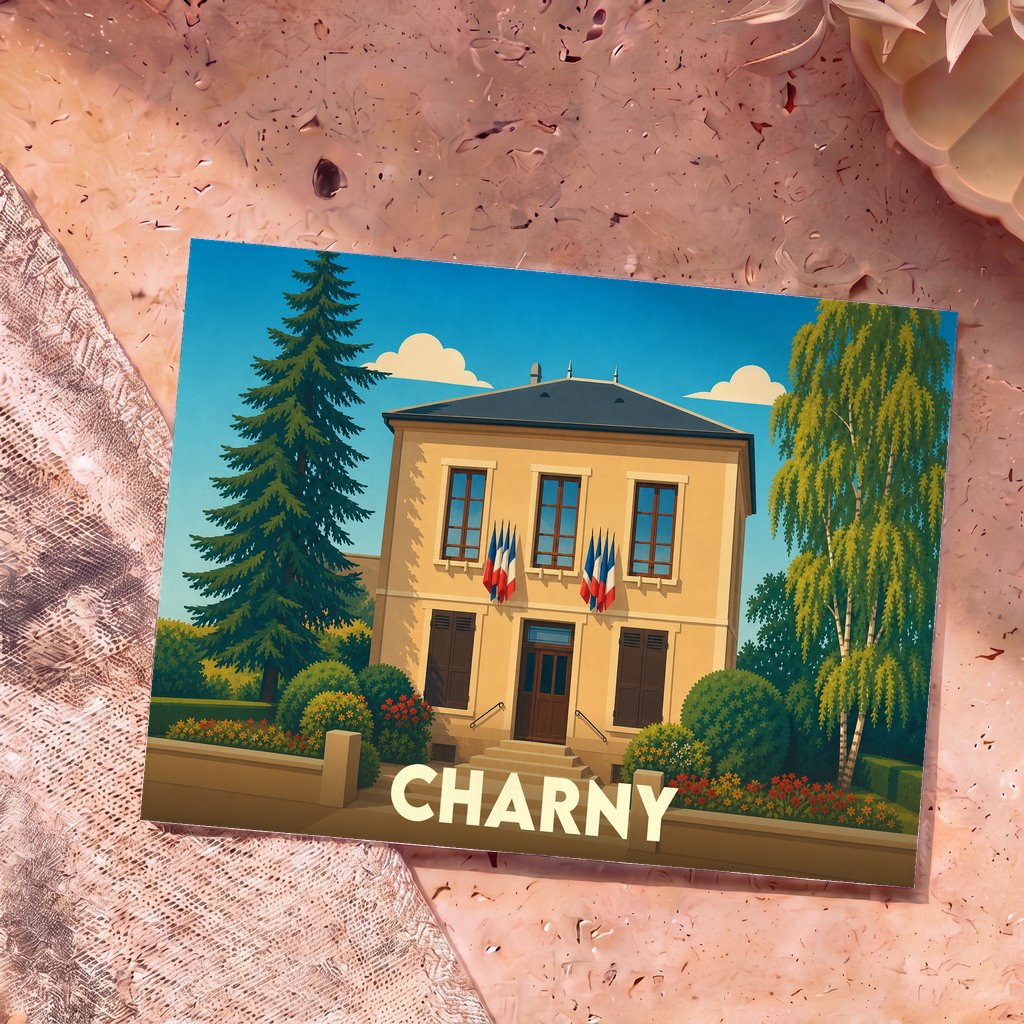 Carte postale souvenir de la ville de Charny avec une illustration stylisée de son hôtel de ville.