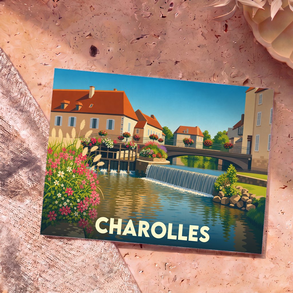 Carte postale souvenir de la ville de Charolles avec une illustration colorée représentant ses canaux et ses ponts fleuris.