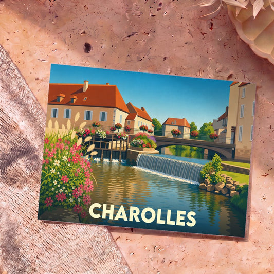 Carte postale souvenir de la ville de Charolles avec une illustration colorée représentant ses canaux et ses ponts fleuris.