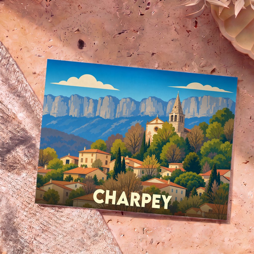 Carte postale souvenir de la ville de Charpey avec une illustration stylisée d'un village provençal au pied des montagnes.