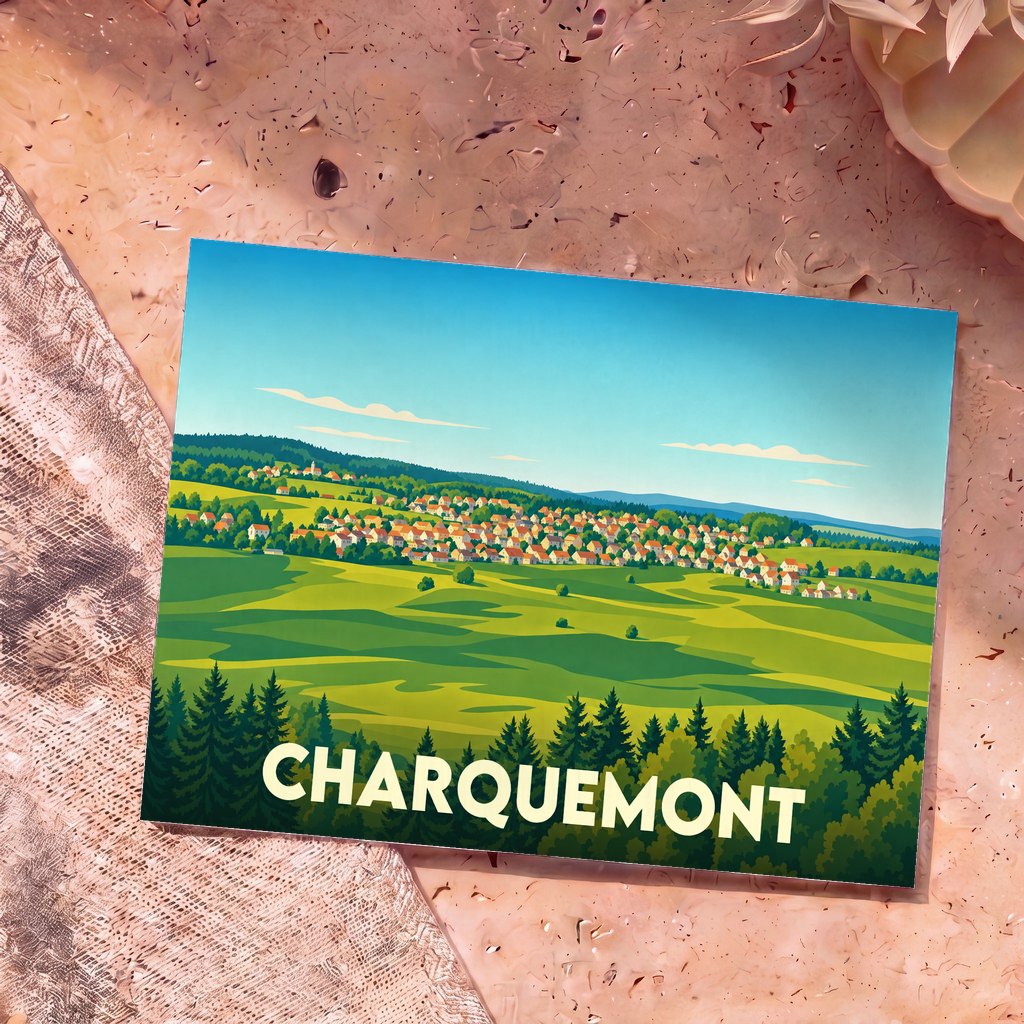 Carte postale souvenir de la ville de Charquemont avec une illustration stylisée de son paysage vallonné.
