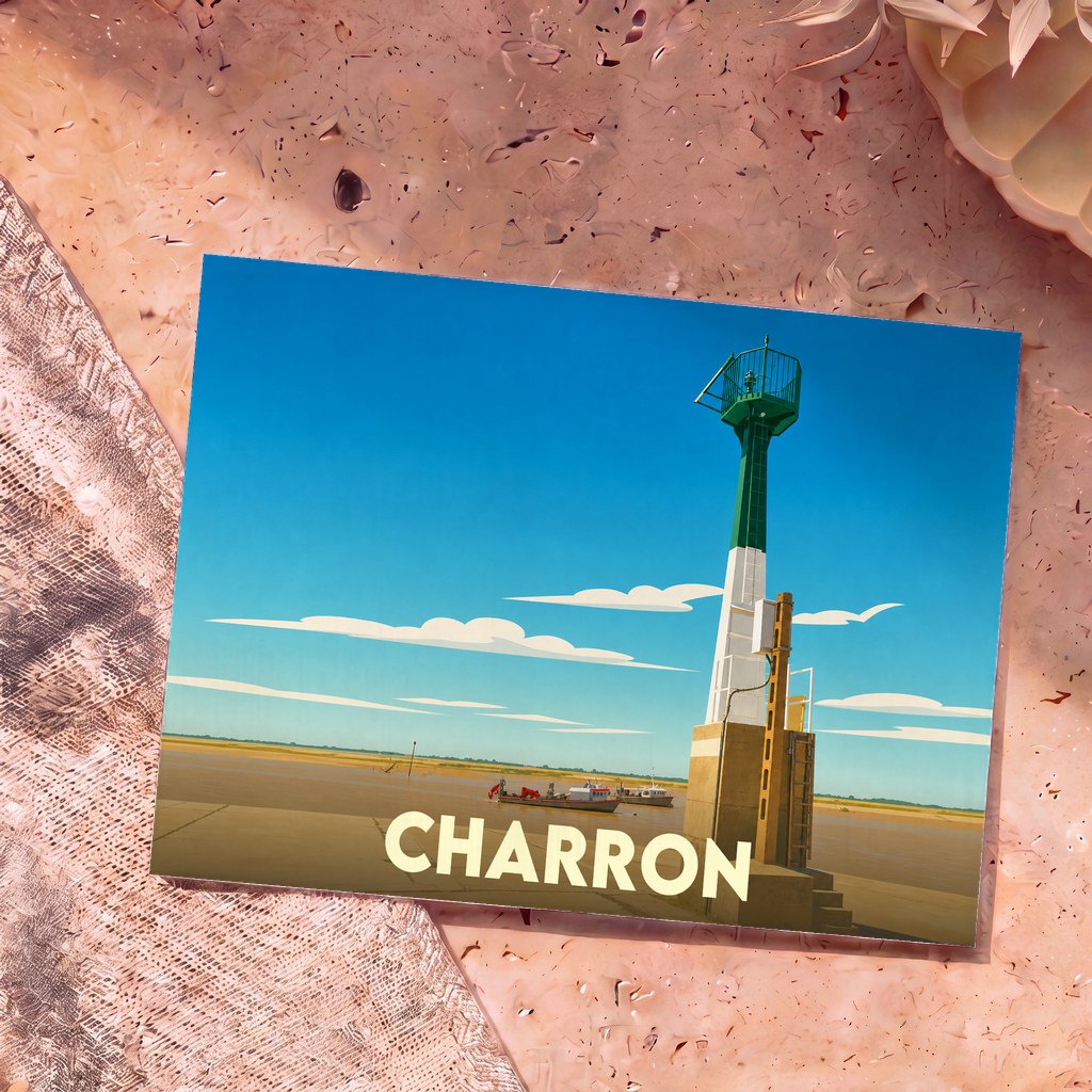 Carte postale souvenir de la ville de Charron avec une illustration stylisée d'un phare et de bateaux.