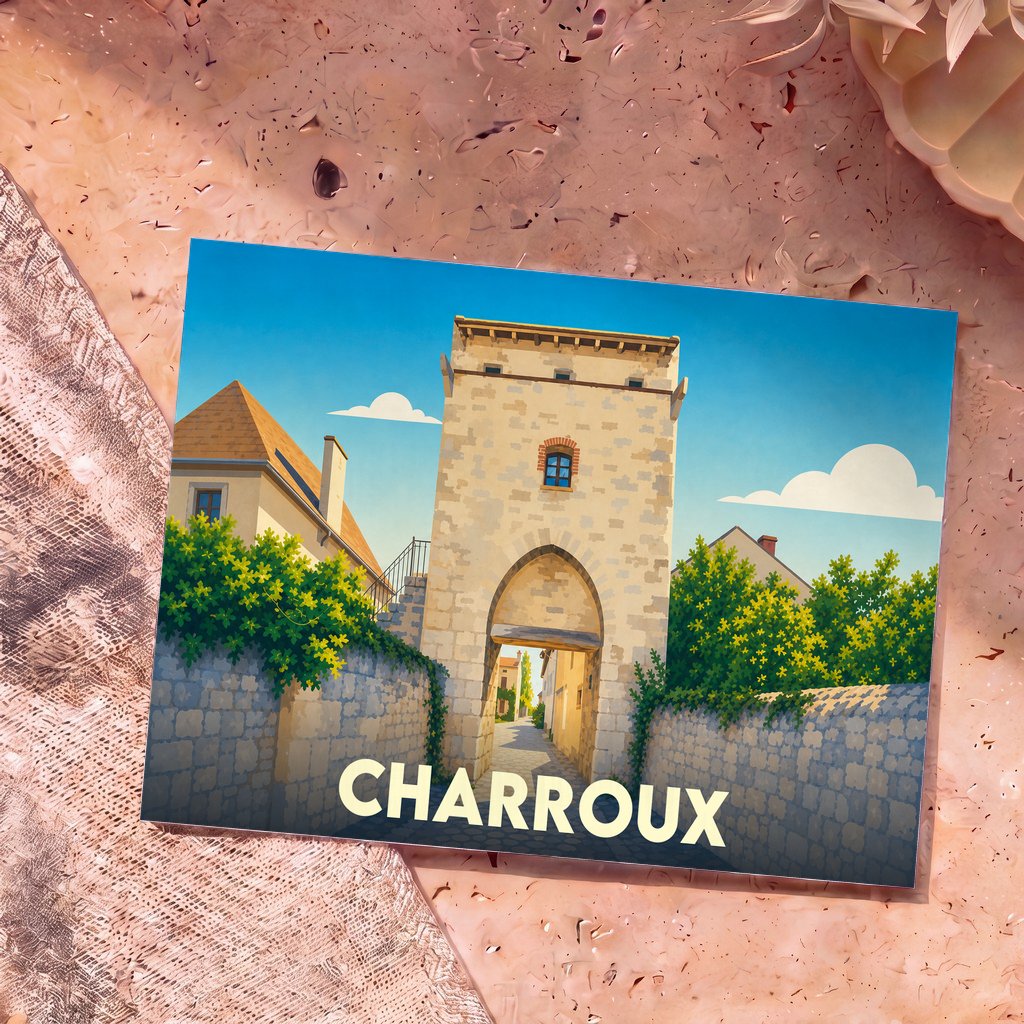 Carte postale souvenir de la ville de Charroux illustrant une porte médiévale fortifiée dans un style graphique épuré.