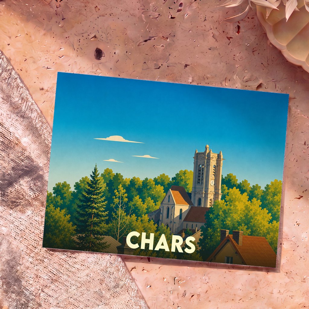 Carte postale souvenir de la ville de Chars avec une illustration stylisée de son église émergeant de la forêt.