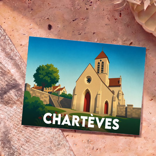 Carte postale souvenir de la ville de Chartèves avec une illustration stylisée d'une église sous un ciel bleu.