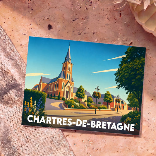 Carte postale souvenir de la ville de Chartres-de-Bretagne avec une illustration colorée et stylisée de son église.