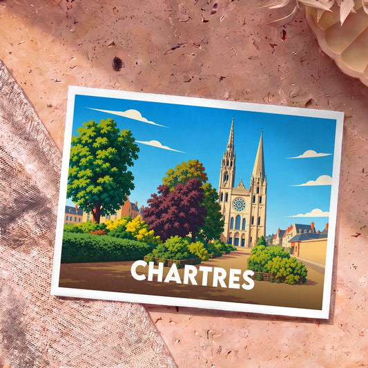 Carte postale souvenir de la ville de Chartres avec une illustration stylisée de sa cathédrale et d'un parc arboré.