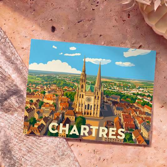 Carte postale souvenir de la ville de Chartres avec une illustration stylisée de sa cathédrale et de ses toits.
