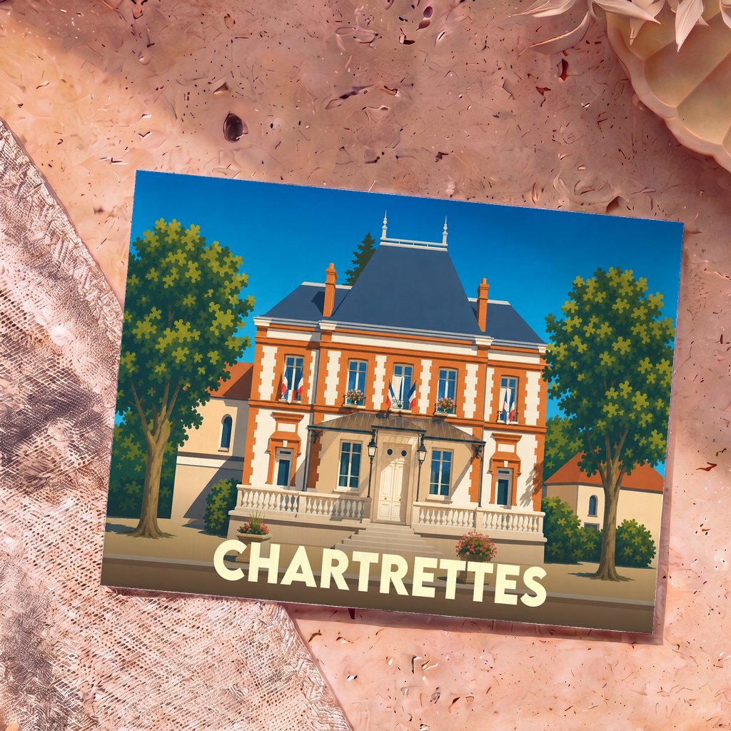 Carte postale souvenir de la ville de Chartrettes illustrant son hôtel de ville dans un style graphique épuré.