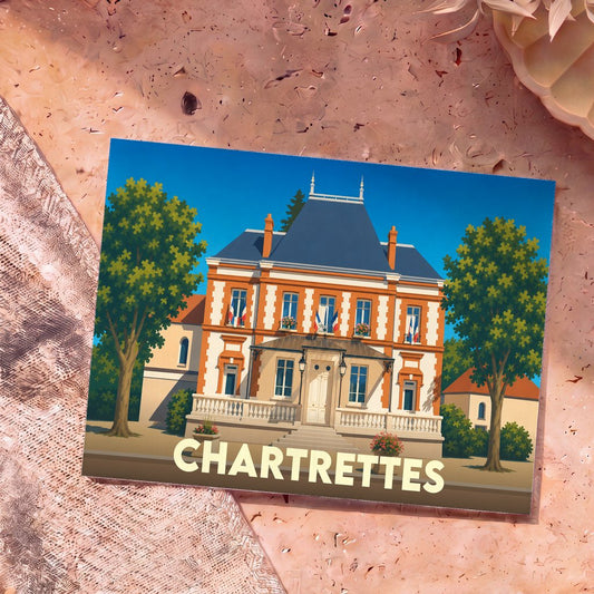 Carte postale souvenir de la ville de Chartrettes illustrant son hôtel de ville dans un style graphique épuré.