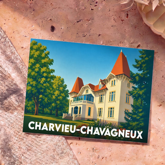 Carte postale souvenir de la ville de Charvieu-Chavagneux illustrant une élégante demeure bourgeoise.
