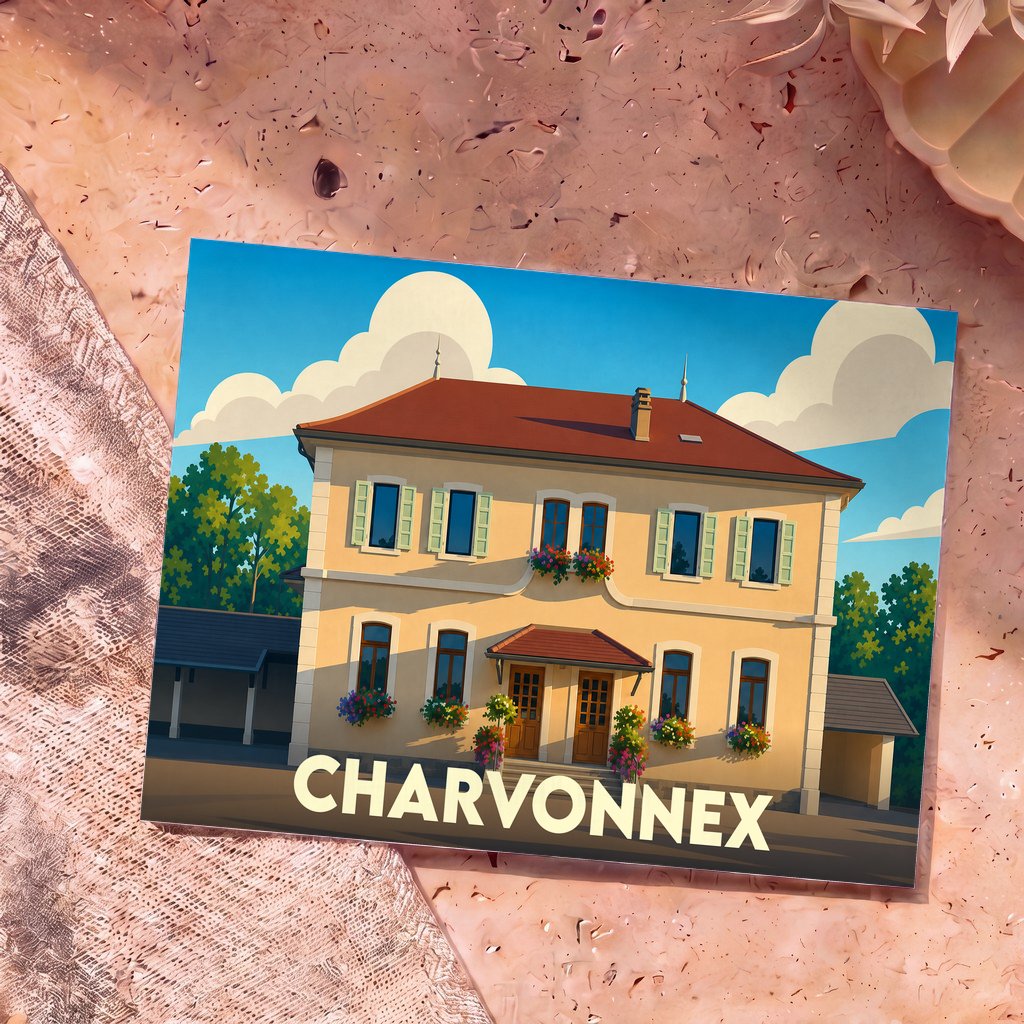 Carte postale souvenir de la ville de Charvonnex avec une illustration stylisée d'une maison traditionnelle.