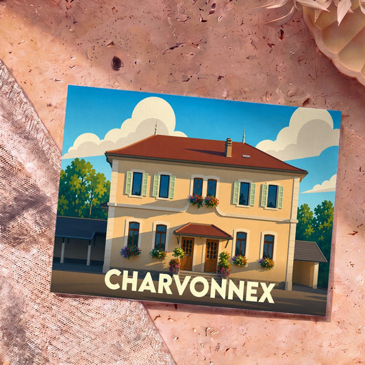 Carte postale souvenir de la ville de Charvonnex avec une illustration stylisée d'une maison traditionnelle.