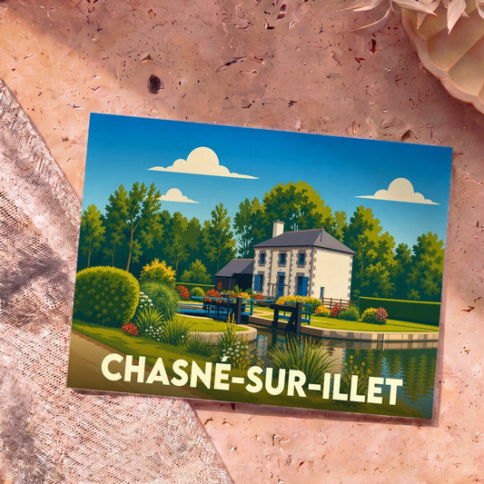 Carte postale souvenir de la ville de Chasné-sur-Illet avec une illustration stylisée d'une maison d'éclusier.
