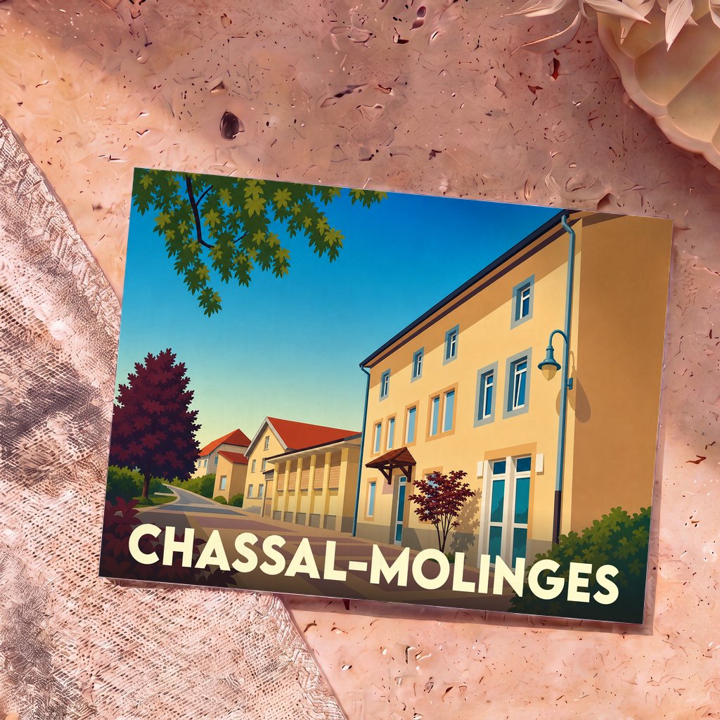 Carte postale souvenir de la commune de Chassal-Molinges avec une illustration stylisée de ses bâtiments sous un ciel bleu.