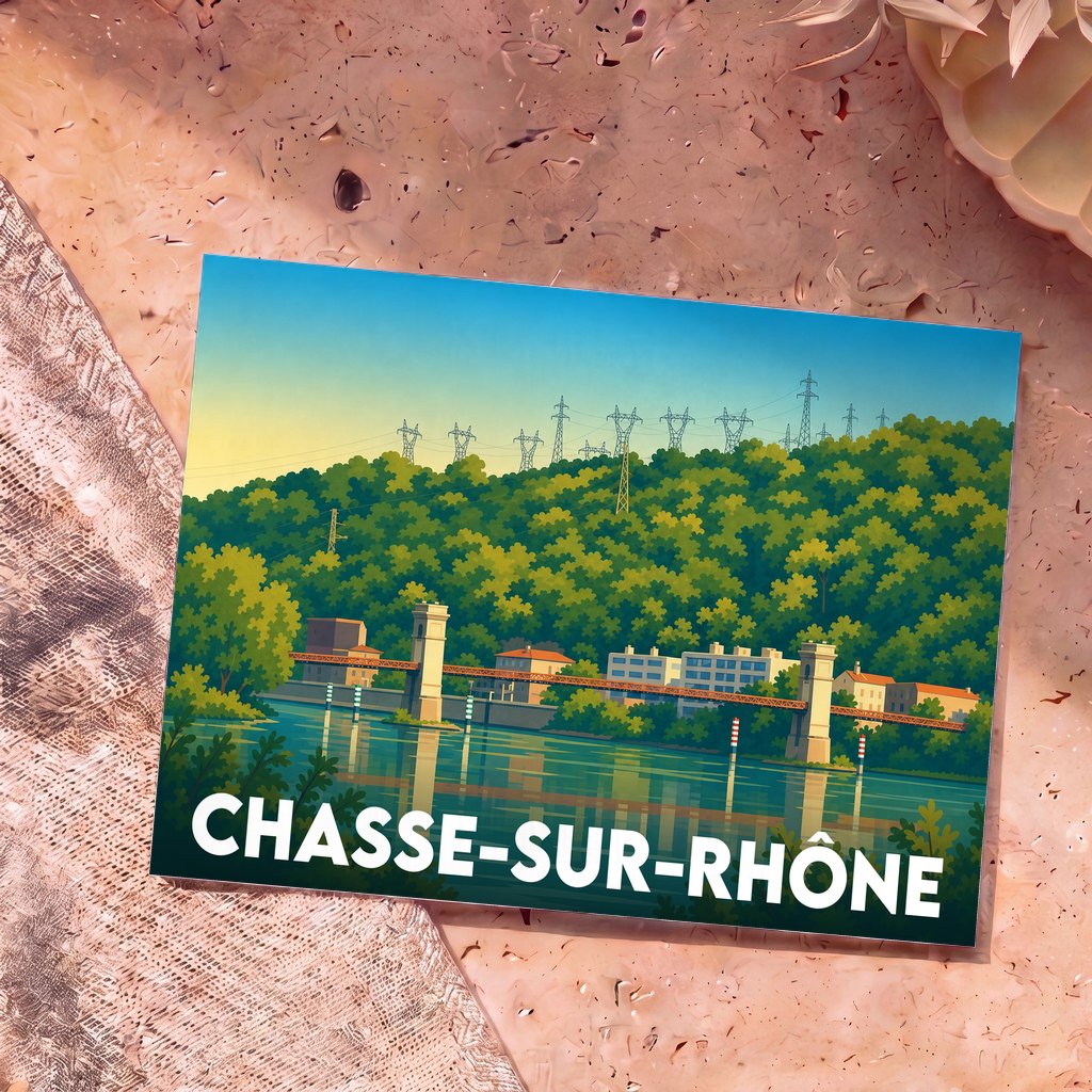 Carte postale souvenir de Chasse-sur-Rhône représentant une illustration stylisée du pont suspendu sur le Rhône.
