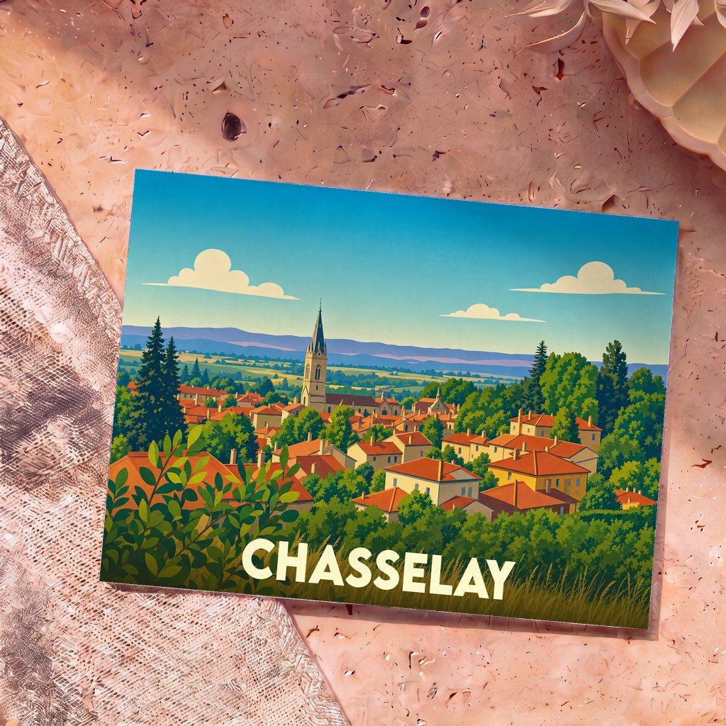 Carte postale souvenir de la ville de Chasselay avec une illustration stylisée et colorée de son clocher et de ses toits.
