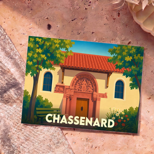 Carte postale souvenir de la ville de Chassenard avec une illustration stylisée de son église romane.