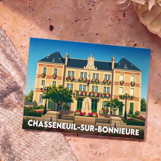 Carte postale souvenir de la ville de Chasseneuil-sur-Bonnieure avec une illustration stylisée de son hôtel de ville fleuri.